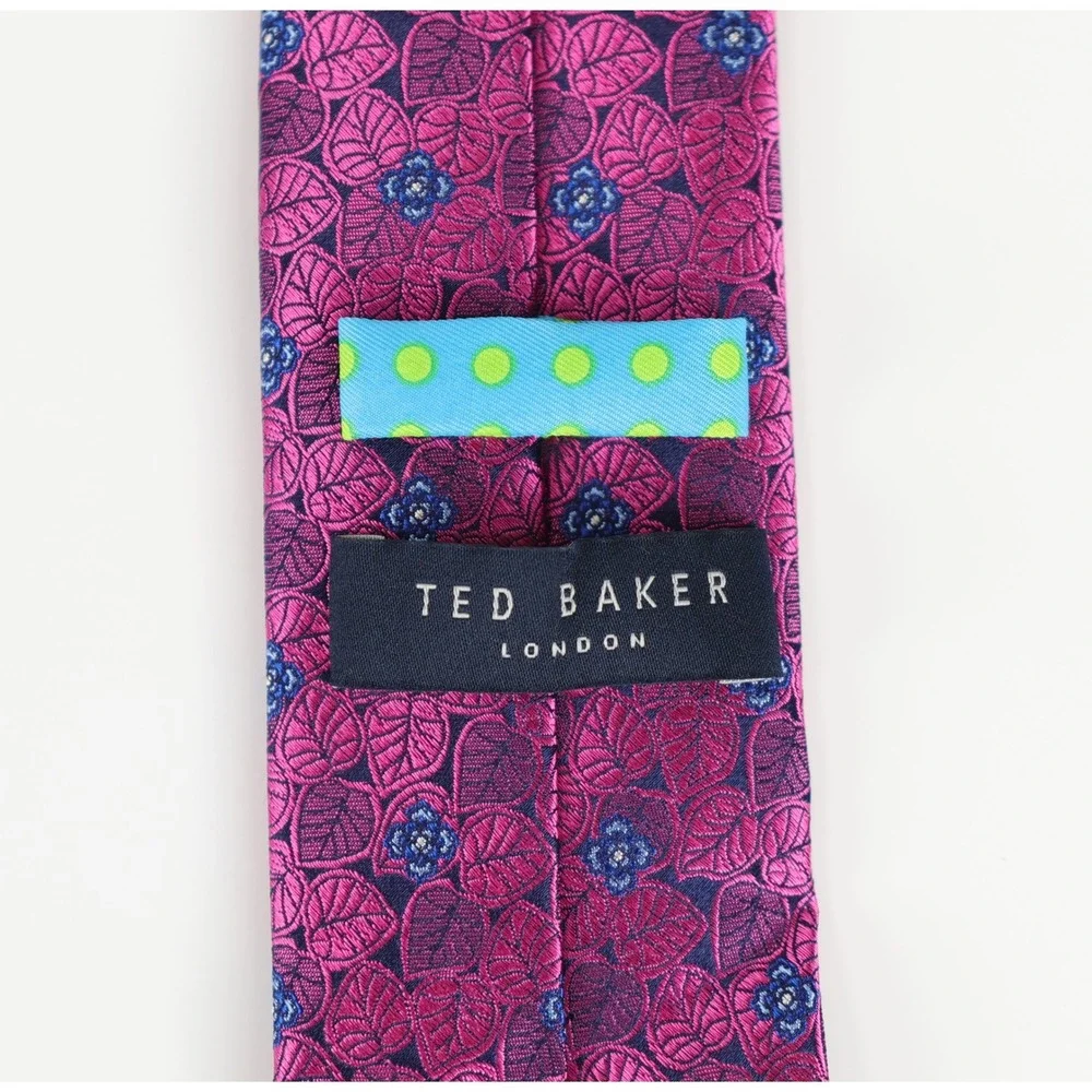 Ted Baker London Silk Necktie Tie Magenta Purple Blue Leaf Floral Woven Preppy